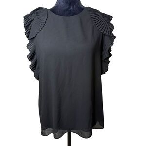 Naked Zebra | Talia Pleated Flutter Sleeve Blouse in Black | NWT | Sz M